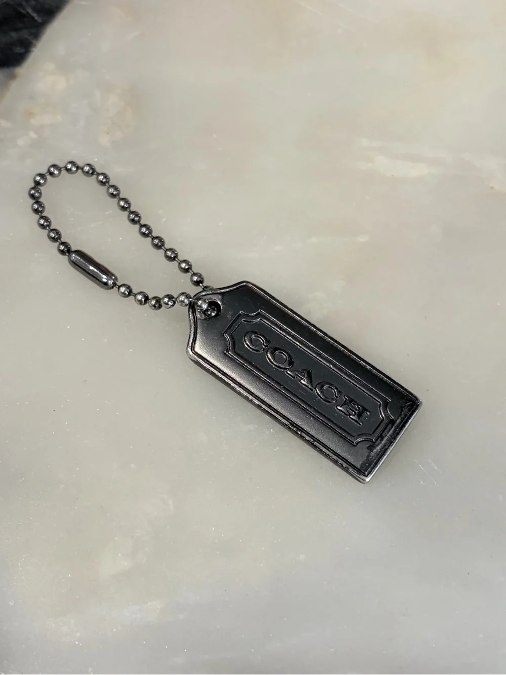 Coach Black Leather Tag Key Holder with Ball Chain